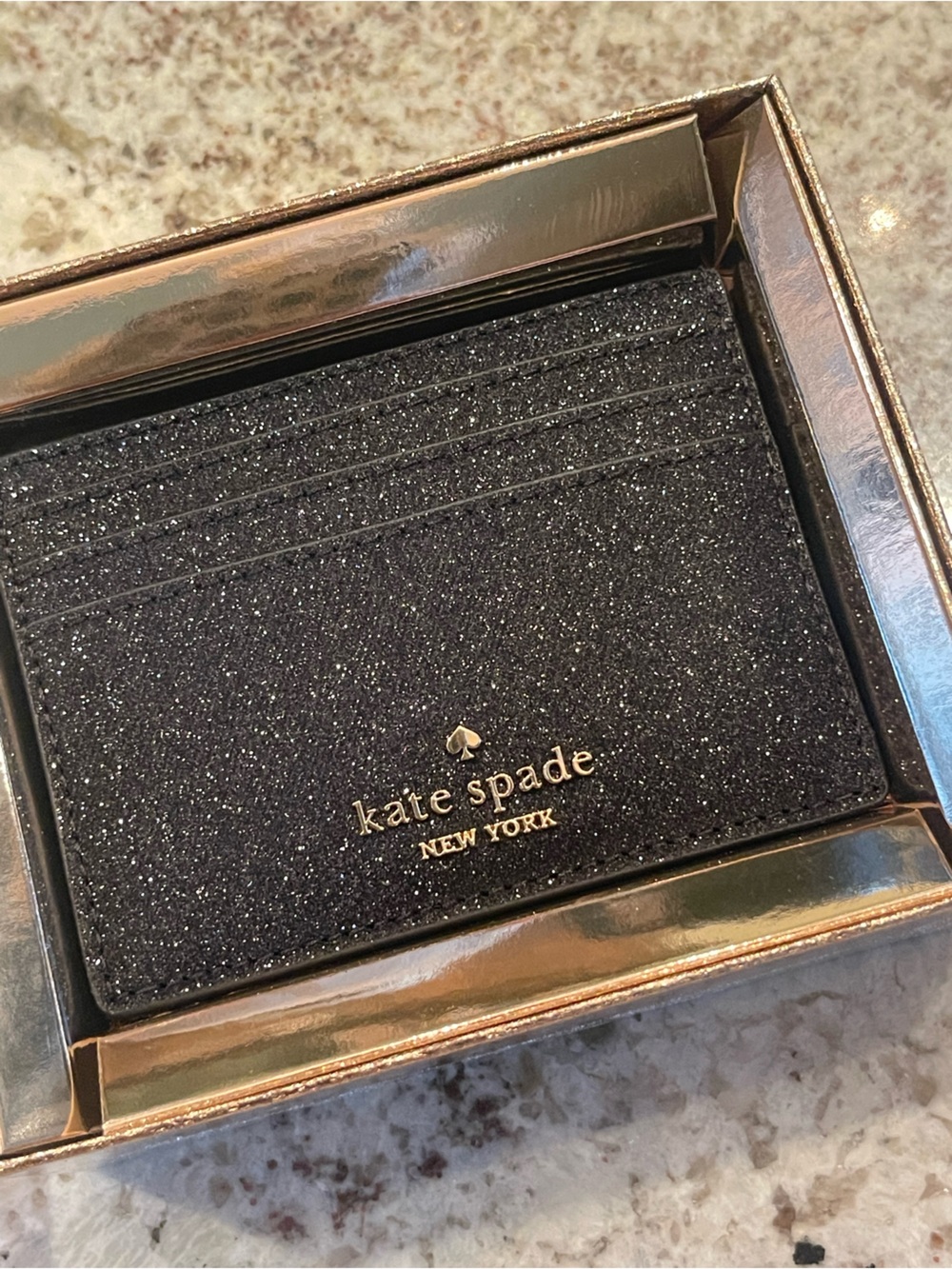 kate spade Black Glitter Card Case with Gold Logo